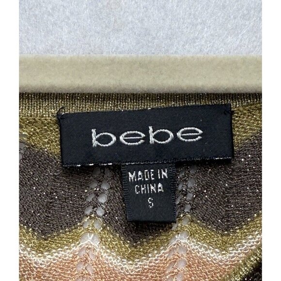 Vtg Bebe Y2K Green Brown Tan Sparkle Multi Zig Zag Scoop Neck Light Sweater Sz S - Picture 3 of 8